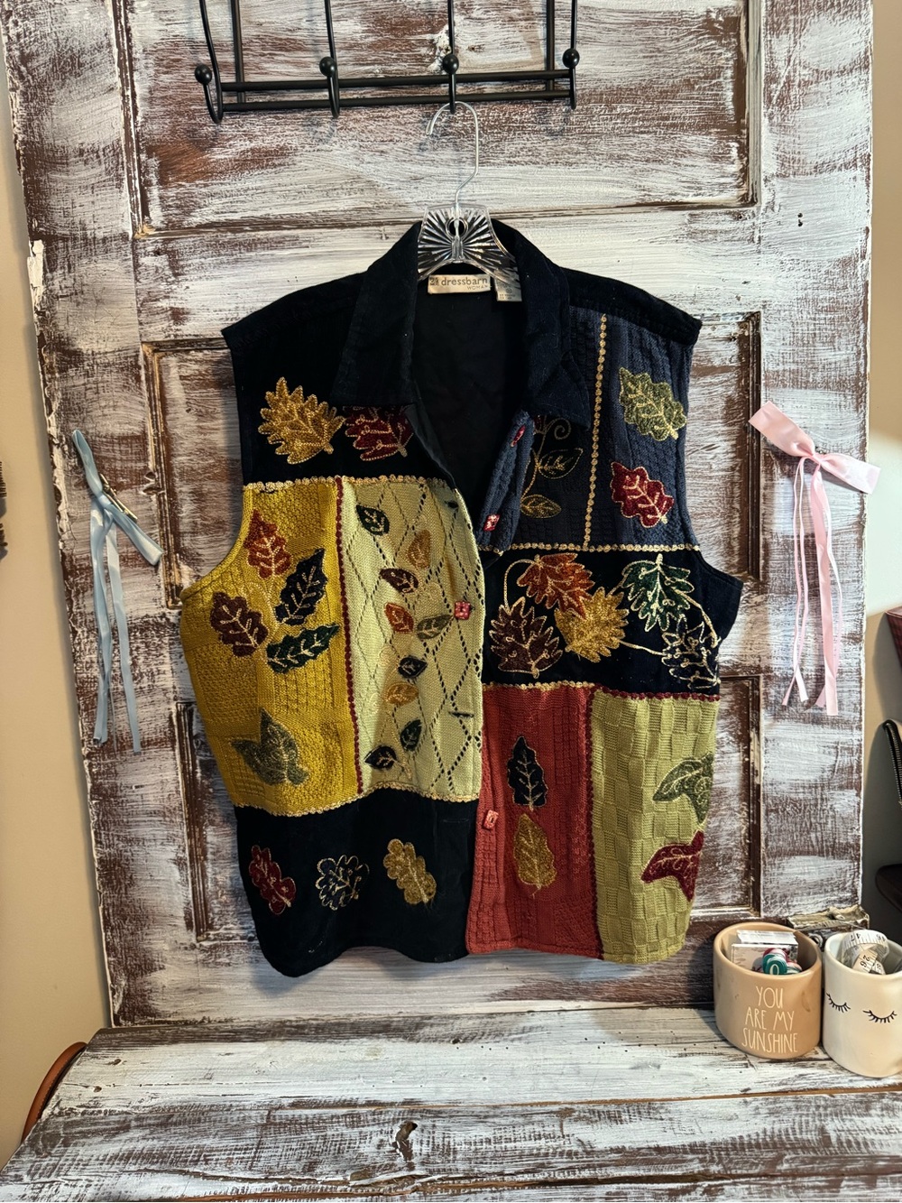Dress Barn Multicolor Patchwork Embroidered Autumn Leaf Vest